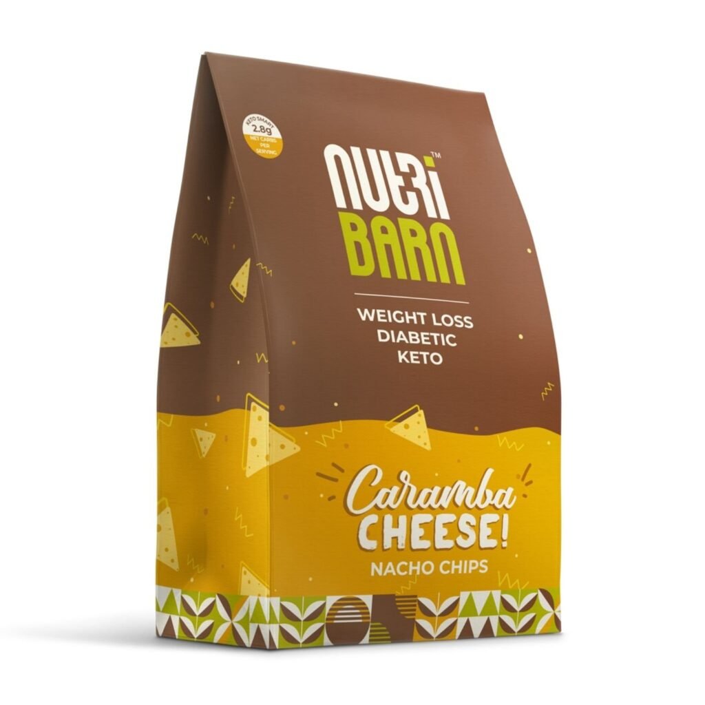 Nutribarn Carumba Cheese Nacho Chips packaging, showcasing low-carb, weight loss, diabetic-friendly, and keto-friendly snack options with a vibrant and appetizing design.