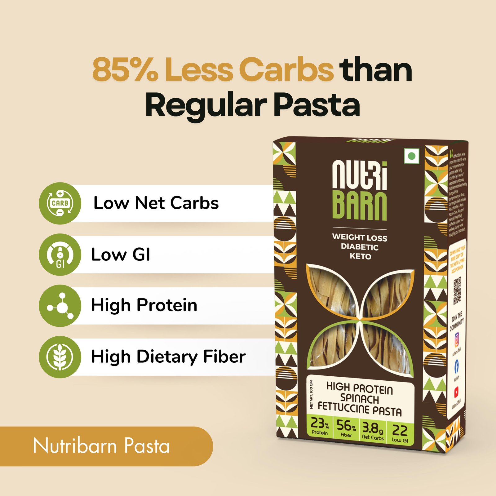 Nutribarn Keto Spinach Fettuccine Pasta (Flat noodles) - Image 8
