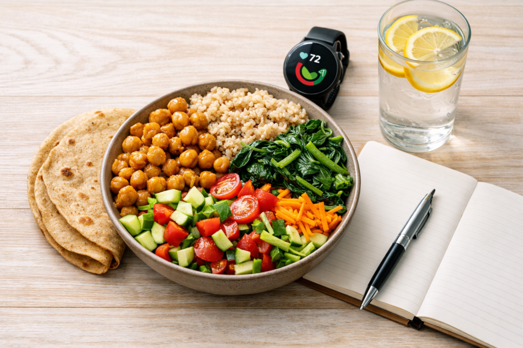 High-protein high-fiber vegetarian meal bowl with chickpeas, greens, salad and roti on a bright table representing satiety and weight management