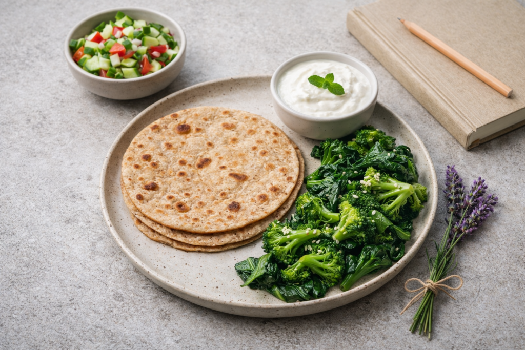 Balanced PCOD diet India meal featuring high protein roti, vegetables, and curd to support insulin resistance management and hormonal balance.