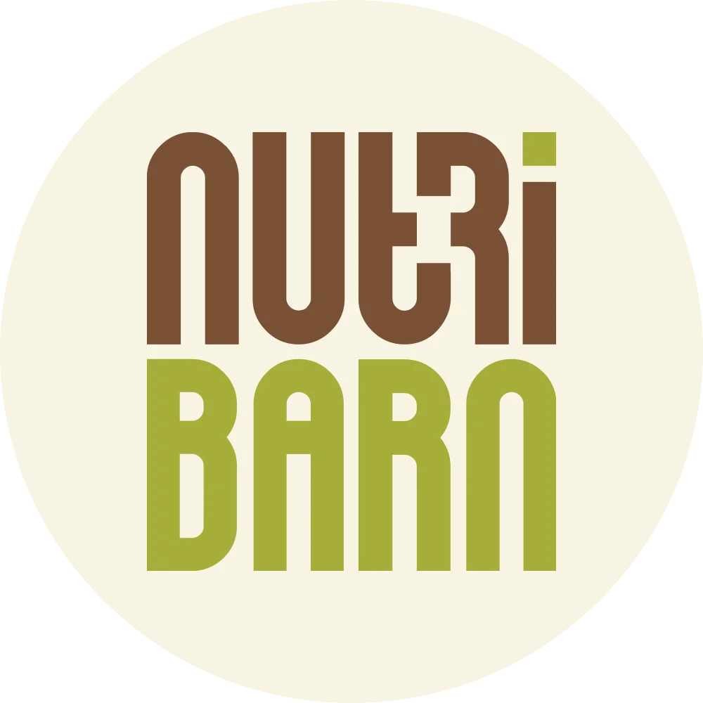 Nutribarn brand logo with brown and green text on beige circular background with transparent edges