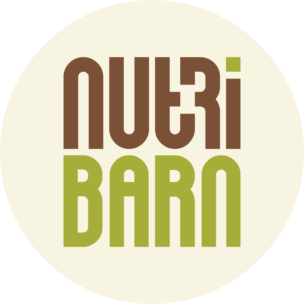 Nutribarn brand logo with brown and green text on beige circular background with transparent edges