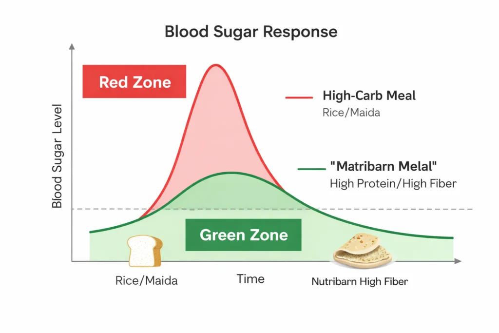 Graph comparing blood sugar response of a high-carb meal versus a high-protein high-fiber meal illustrating insulin stability and metabolic health